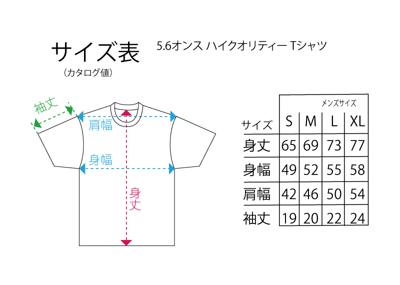 ブレイキングTシャツのサイズ表（5.6ozUa）